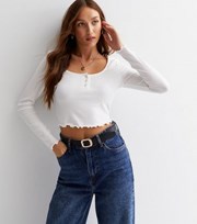 New Look White Ribbed Knit Scoop Neck Long Sleeve Button Front Top